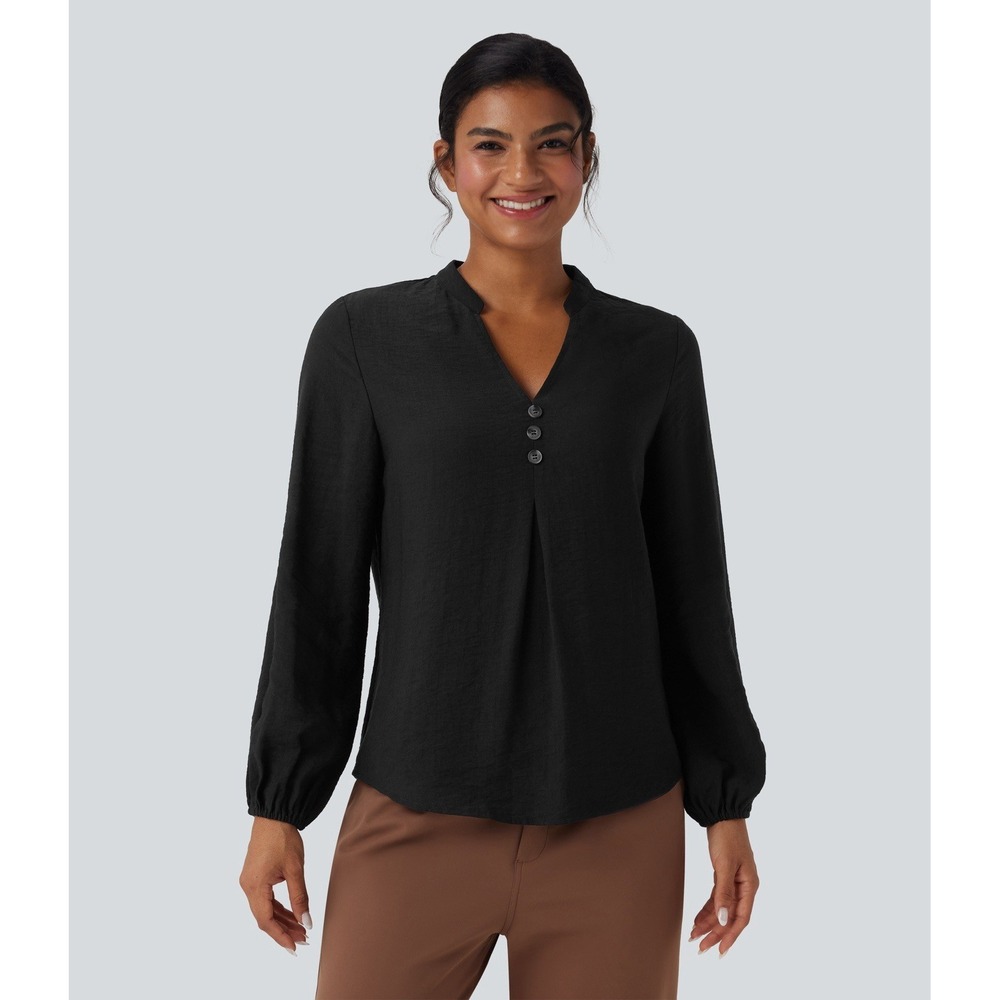 Halara V Neck Long Sleeve Work Shirt Sz S Black Popover Career Classy Office